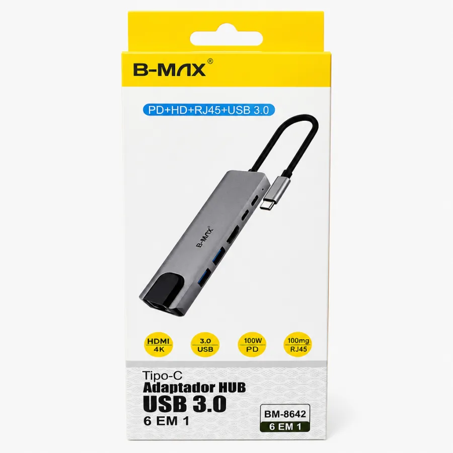 B-MAX USB 3.0集线器，6合1，支持PD、HDMI、RJ45，100W，适用于Type-C设备