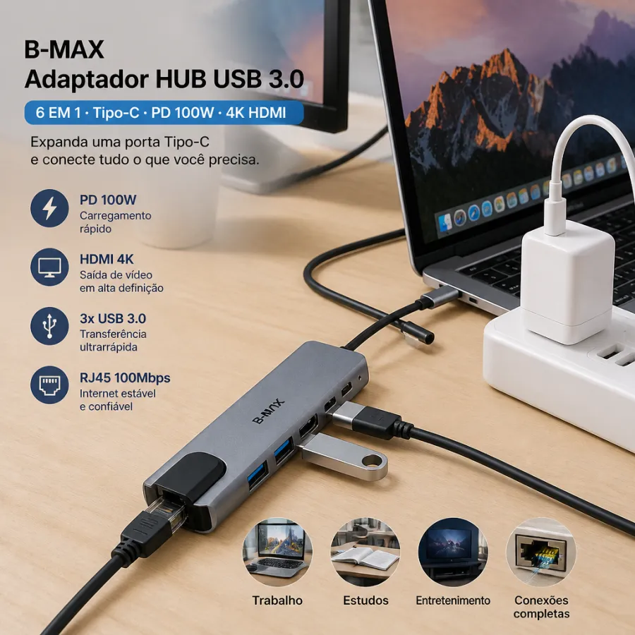 B-MAX USB 3.0集线器，6合1，支持PD、HDMI、RJ45，100W，适用于Type-C设备