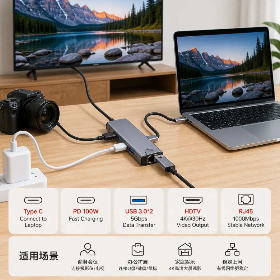 KAPPAOM KA-6050 USB-C转HDMI适配器，5口设计，支持PD快充