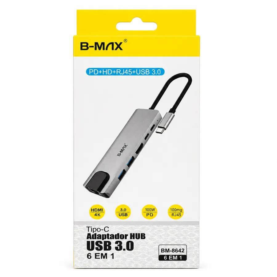 B-MAX USB 3.0集线器，6合1，支持PD、HDMI、RJ45，型号BM-8642