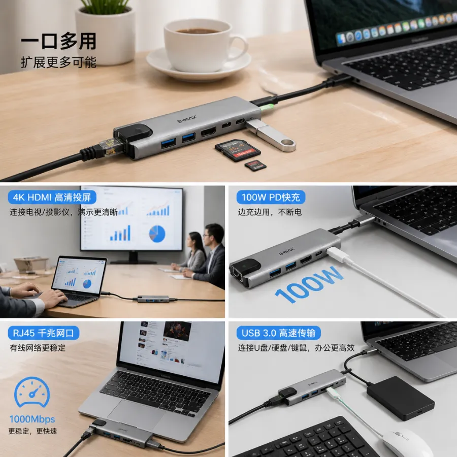 B-MAX USB 3.0集线器，6合1，支持PD、HDMI、RJ45，型号BM-8642