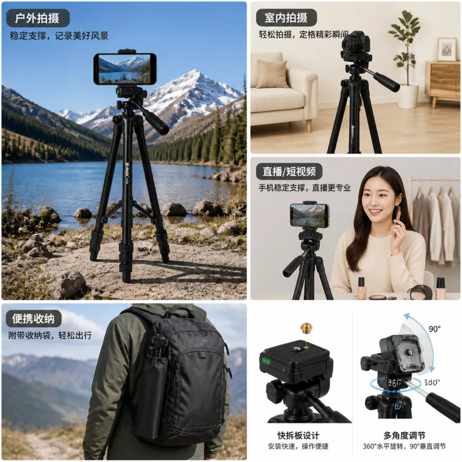 B-MAX 专业三脚架 BMG-69，1.3米，带手机支架，便携收纳袋