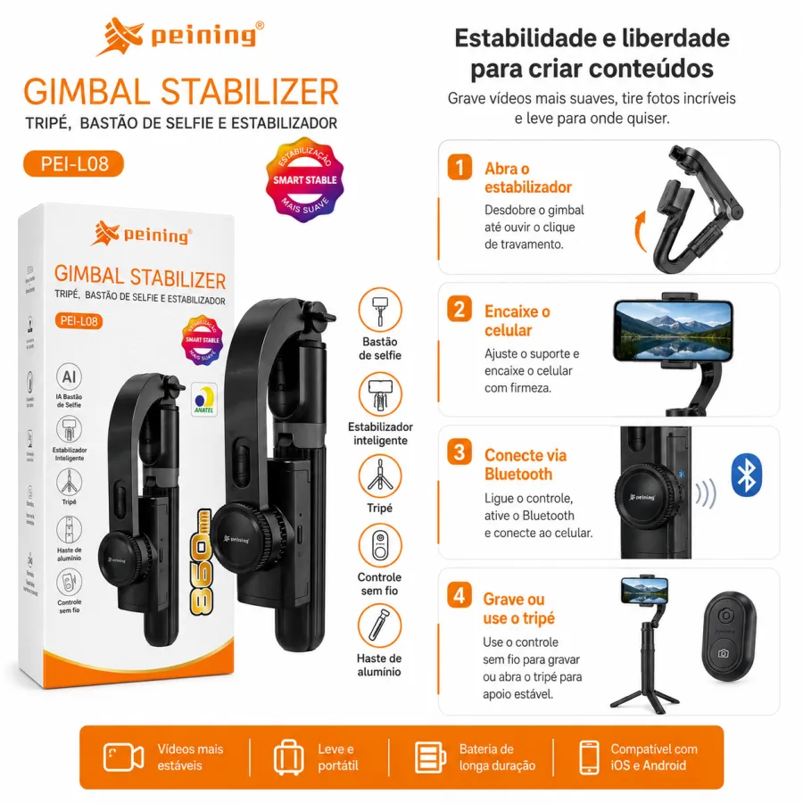 佩宁 Gimbal 稳定器 860mm 自拍三脚架 手持稳定器 PEI-L08