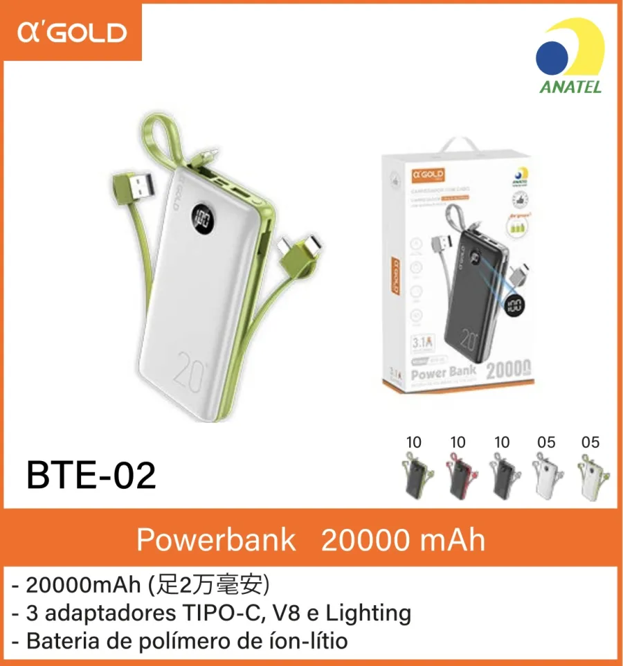 α-GOLD 20000mAh移动电源 BTE-02，支持TYPE-C、V8和Lighting接口，聚合物电池，便携设计