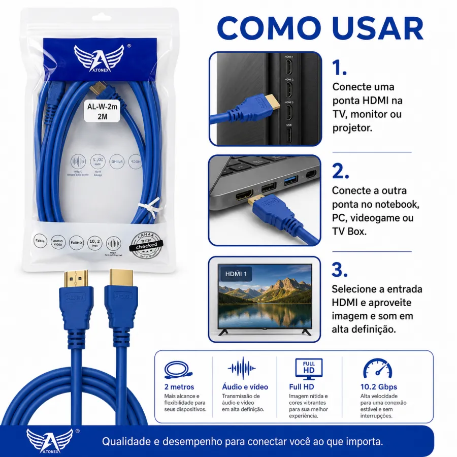 AL-W-2M ALTOMEX 2米蓝色音频视频线，支持全高清，适用于多种设备
