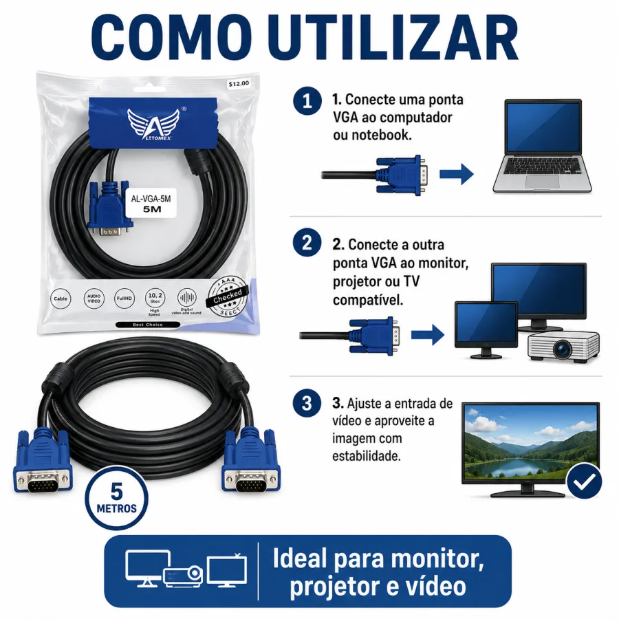 Al-VGA-5M ALTOMEX 5米VGA视频线，高清音频视频传输，适用于电脑和显示器