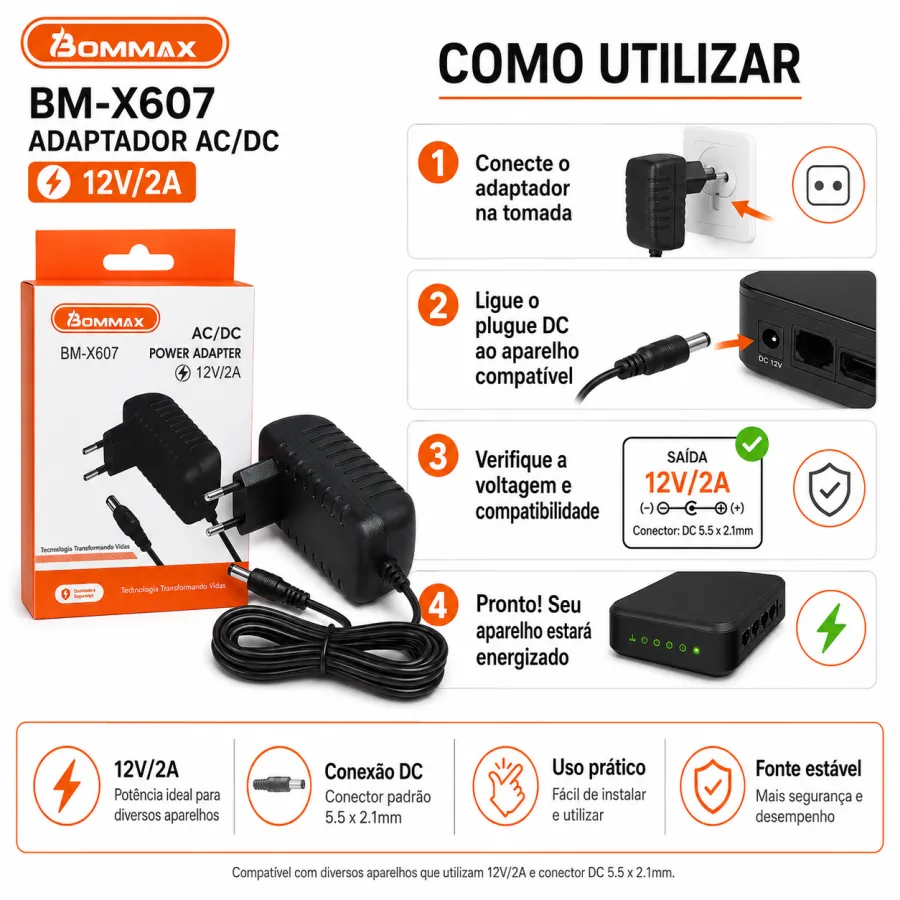 BOMMAX BM-X607 12V/2A电源适配器，AC/DC转换，适用于多种设备