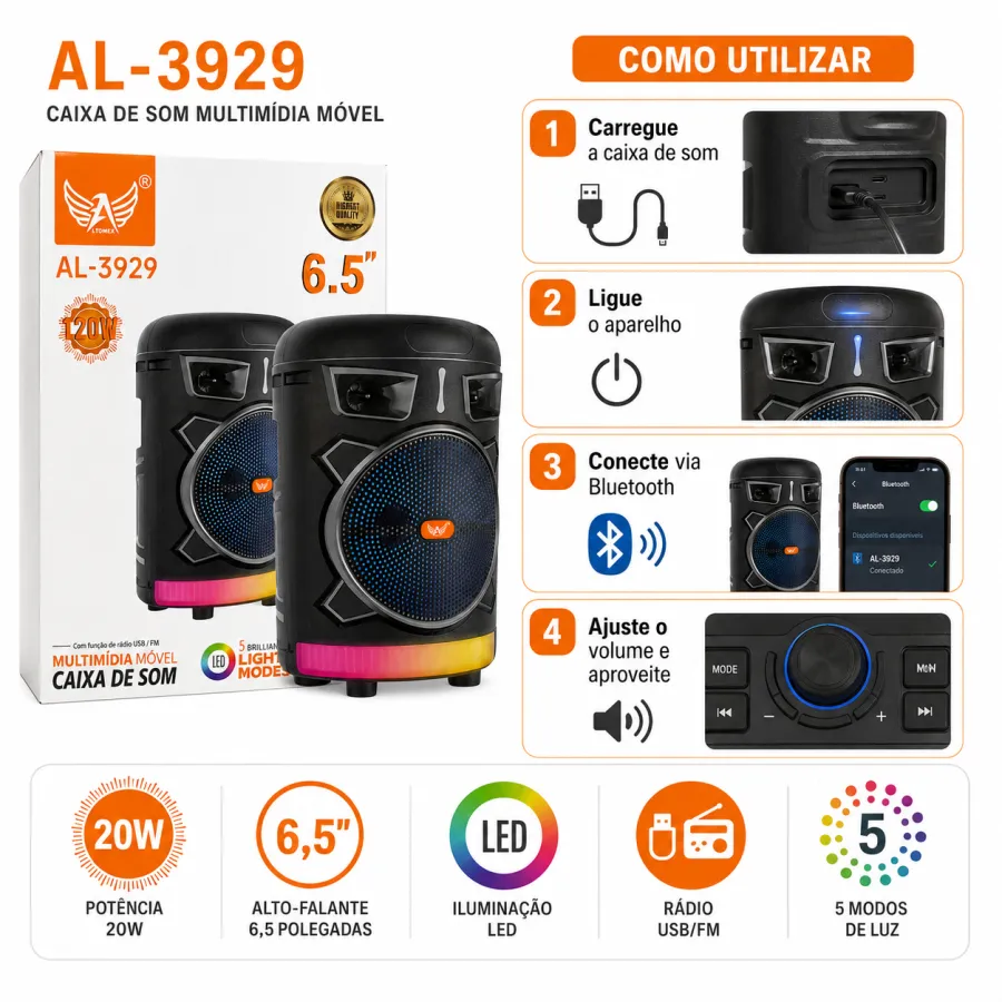 AL-3929 ALTOMEX 6.5英寸多媒体移动音箱 USB/FM功能 LED灯效