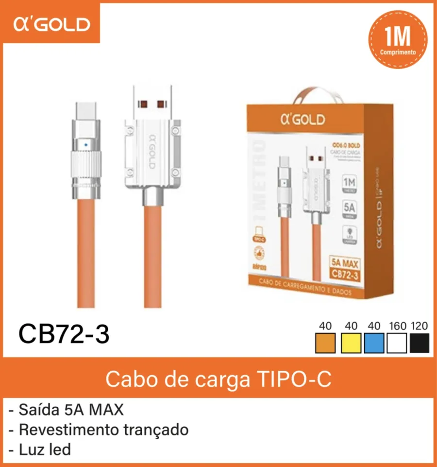 αGOLD TIPO-C充电线 CB72-3 1米 5A最大输出 编织设计 LED指示灯
