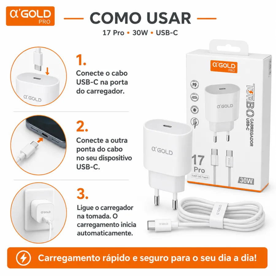 Ca31-3 α'GOLD Pro 30W快充充电器，USB-C接口，适用于17 Pro