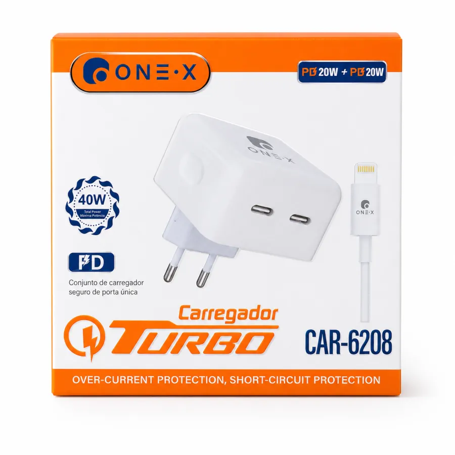 ONE-X Turbo快充充电器，40W双USB接口，短路保护，型号CAR-6208