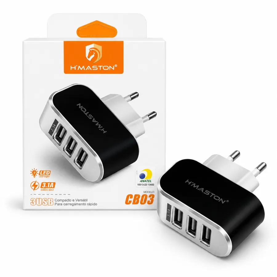 H'MASTON CB03 3口USB充电器，快速充电，LED指示灯，紧凑设计
