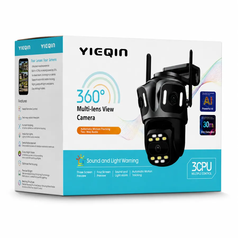 YIEQIN 360°多镜头监控摄像头，自动运动追踪，30米夜视，声音和光线警告