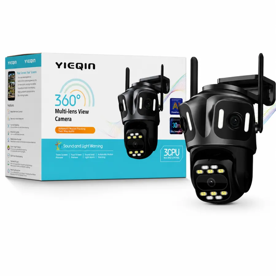 YIEQIN 360°多镜头监控摄像头，自动运动追踪，30米夜视，声音和光线警告