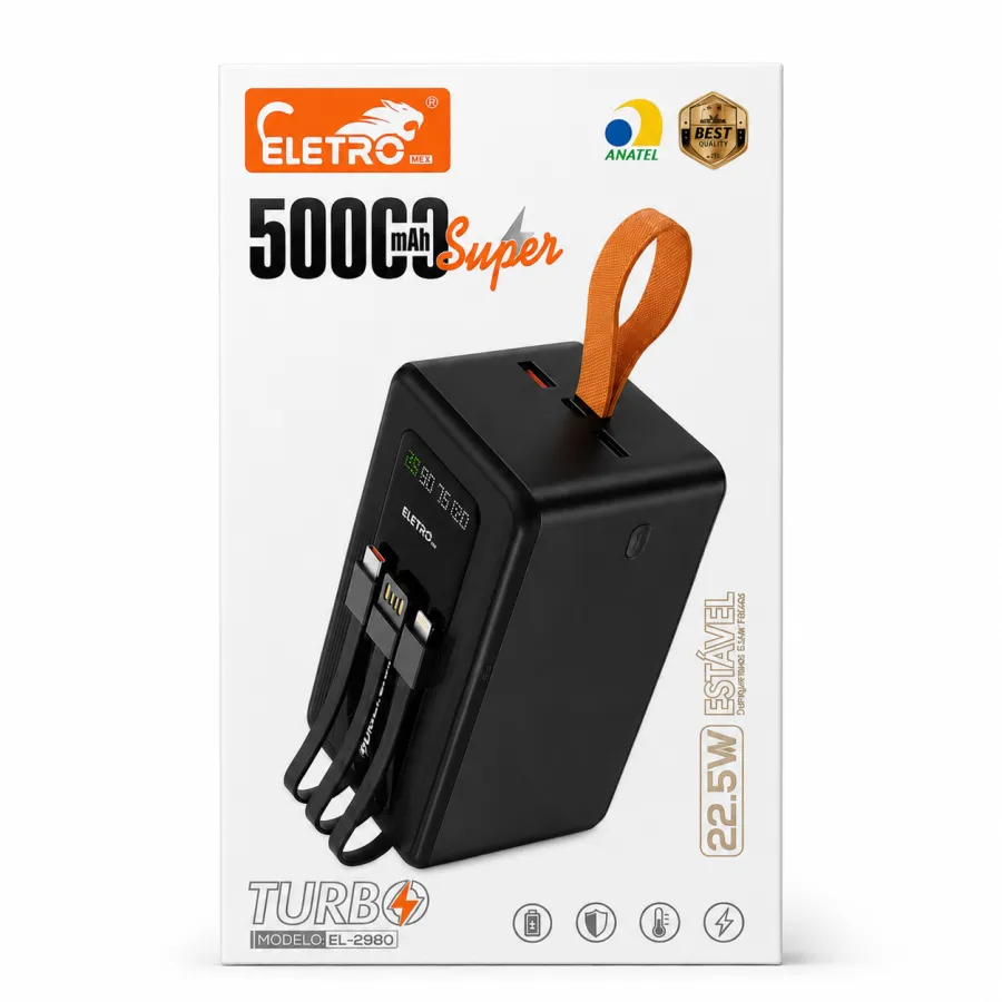 El-2980 ELETRO 50000mAh超级充电器，25W，适用于多种设备，黑色