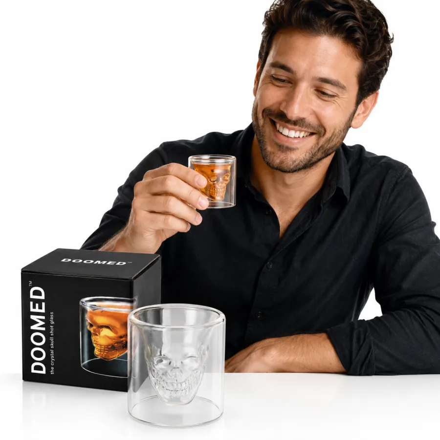 Doomed品牌玻璃杯，创意骷髅设计，适合饮用烈酒，容量约60ml