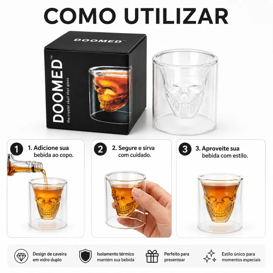 Doomed品牌玻璃杯，创意骷髅设计，适合饮用烈酒，容量约60ml