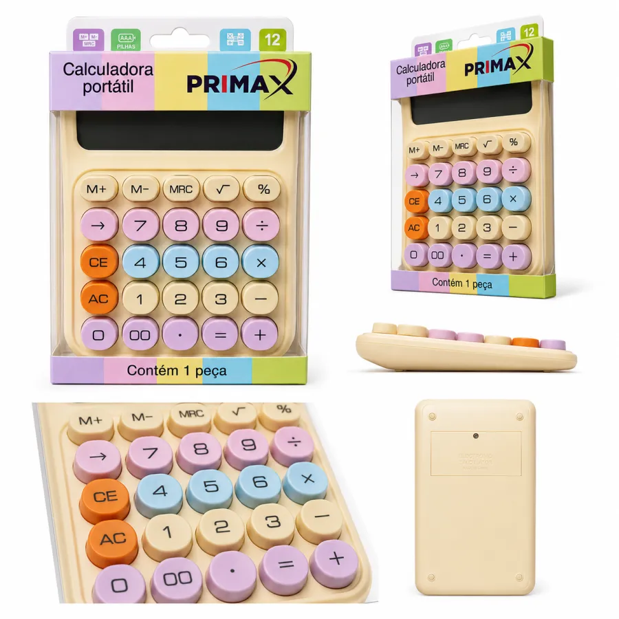 MAX0015 PRIMAX 便携式计算器，12位数，彩色键盘，适合学生和办公使用