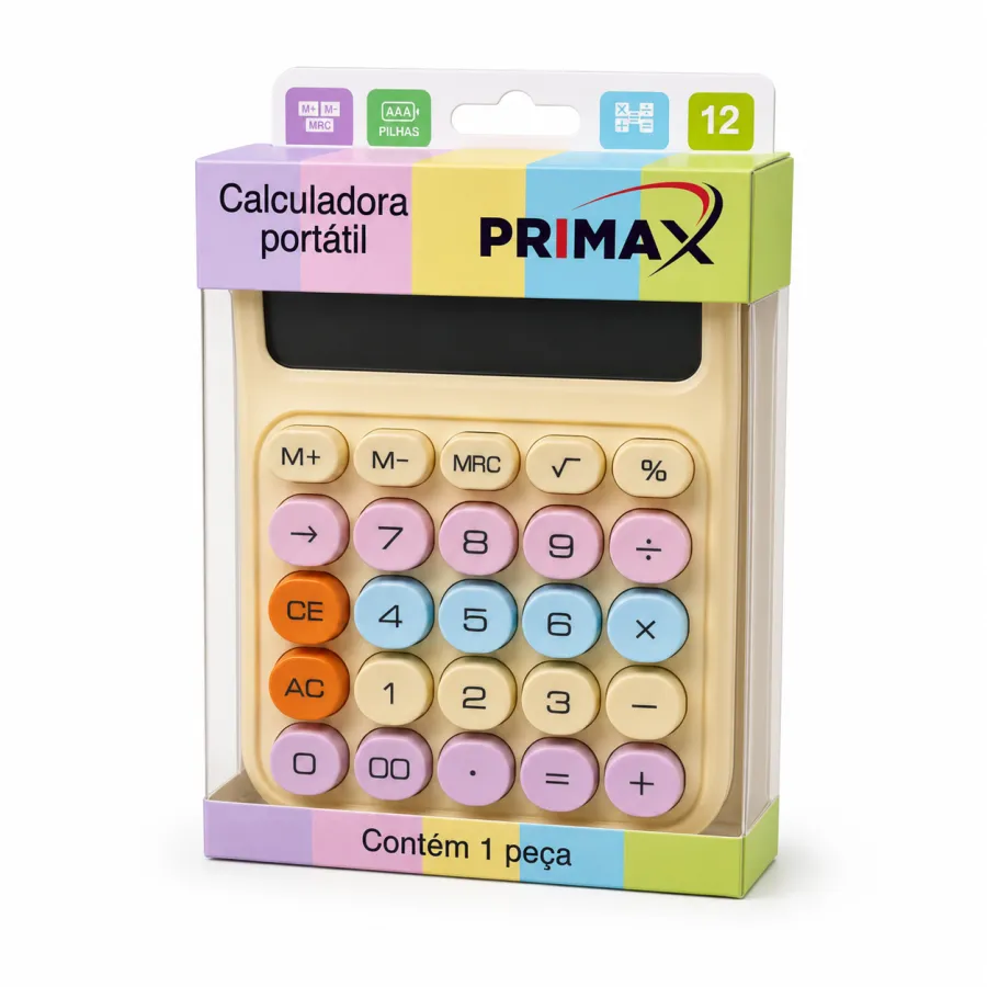MAX0015 PRIMAX 便携式计算器，12位数，彩色键盘，适合学生和办公使用