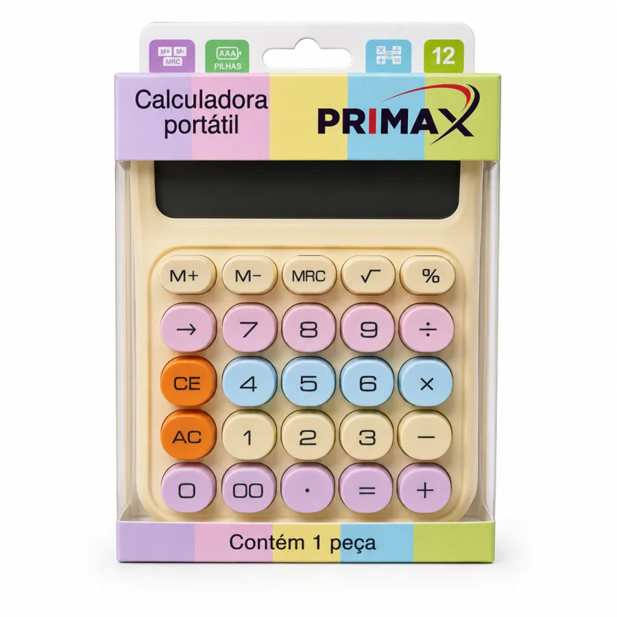 MAX0015 PRIMAX 便携式计算器，12位数，彩色键盘，适合学生和办公使用