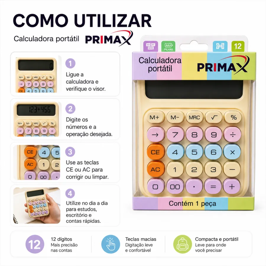 MAX0015 PRIMAX 便携式计算器，12位数，彩色键盘，适合学生和办公使用