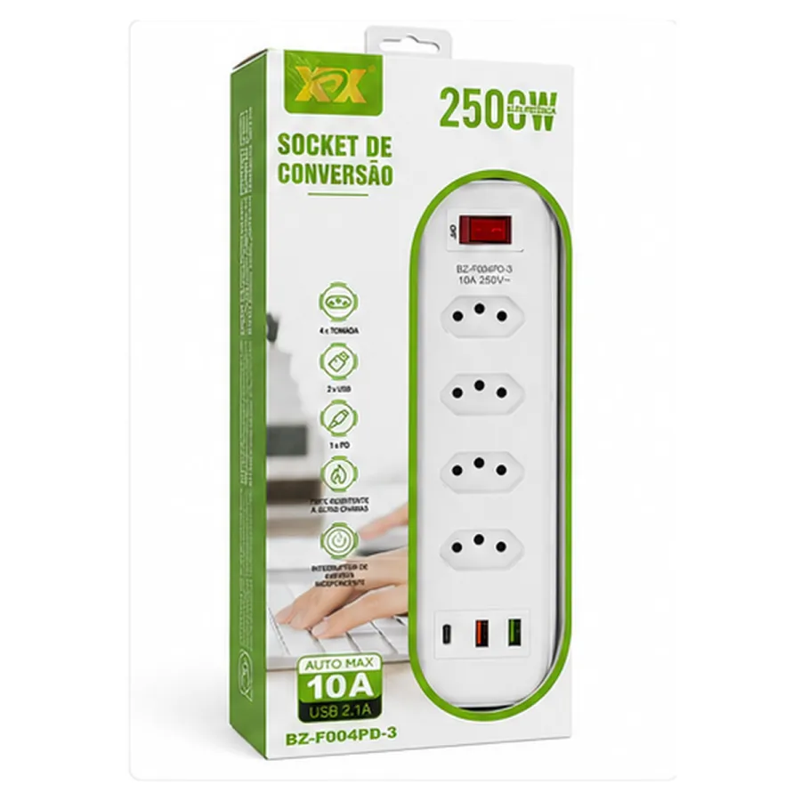 XCX 插座转换器 BZ-F004PD-3 2500W 4插孔 2个USB接口