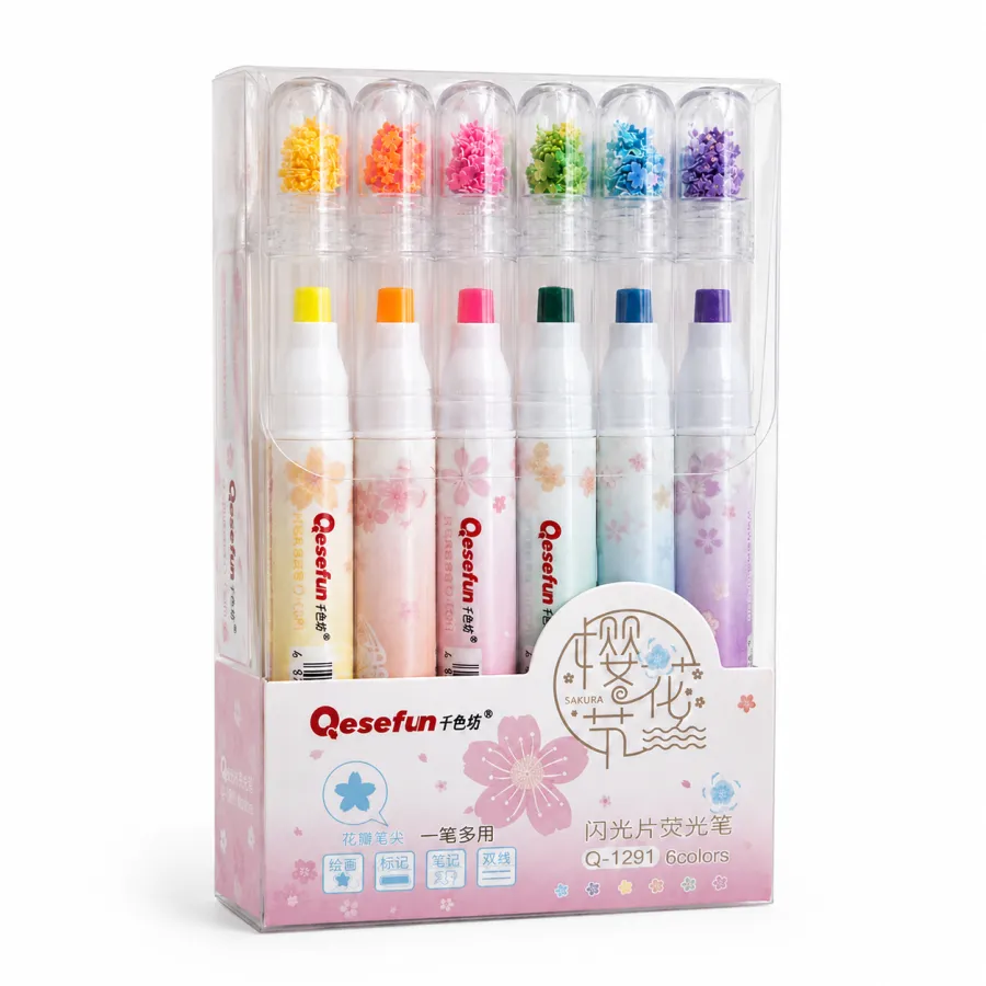 Qesefun闪光水彩笔6色套装，适合绘画和手账，亮丽色彩，适合儿童和成人