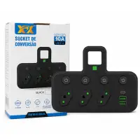 XCX 插座转换器，黑色，10A，带2个USB接口，3个插孔，独立开关