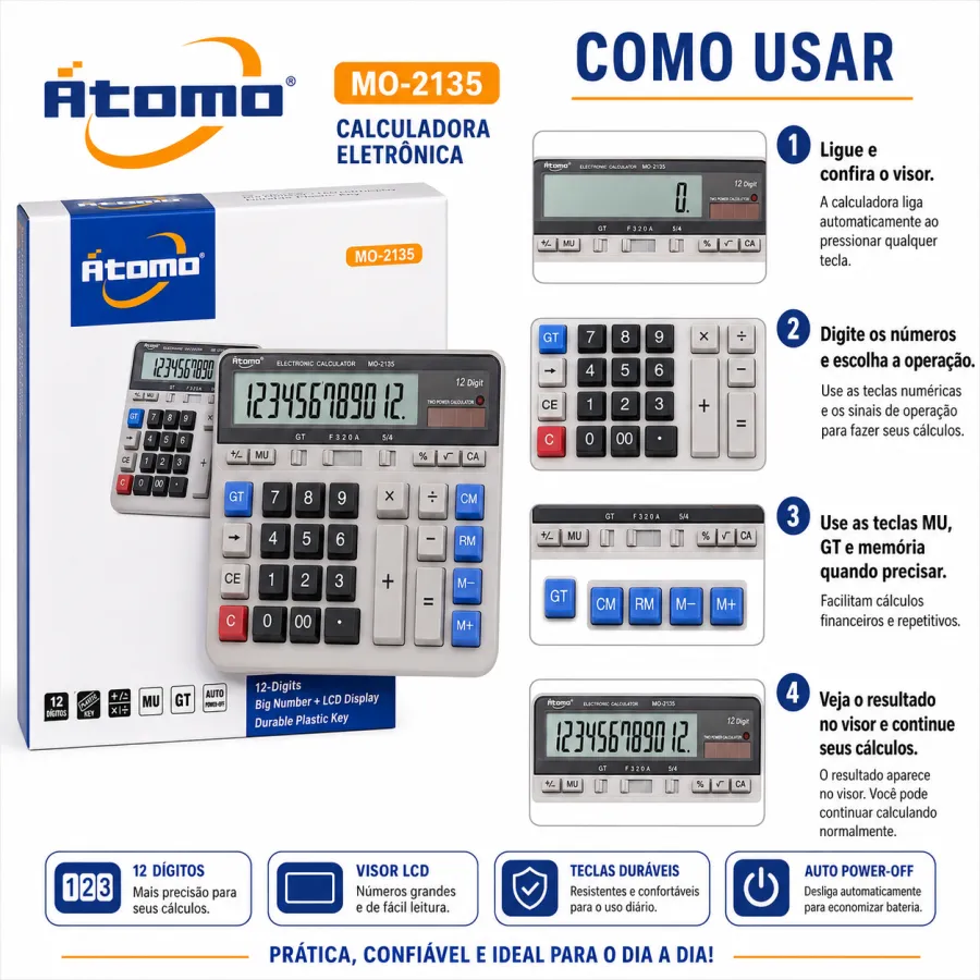 型号MO-2135 Atomo 12位大数字计算器，LCD显示屏，耐用塑料按键