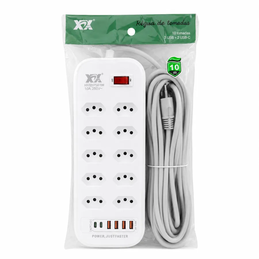 XCX 10位插座排插，带4个USB接口，10A 250V，适合家庭和办公使用