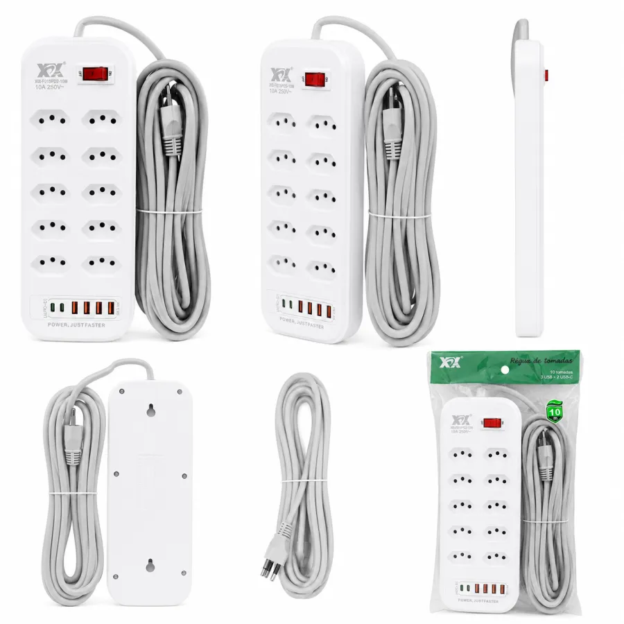 XCX 10位插座排插，带4个USB接口，10A 250V，适合家庭和办公使用