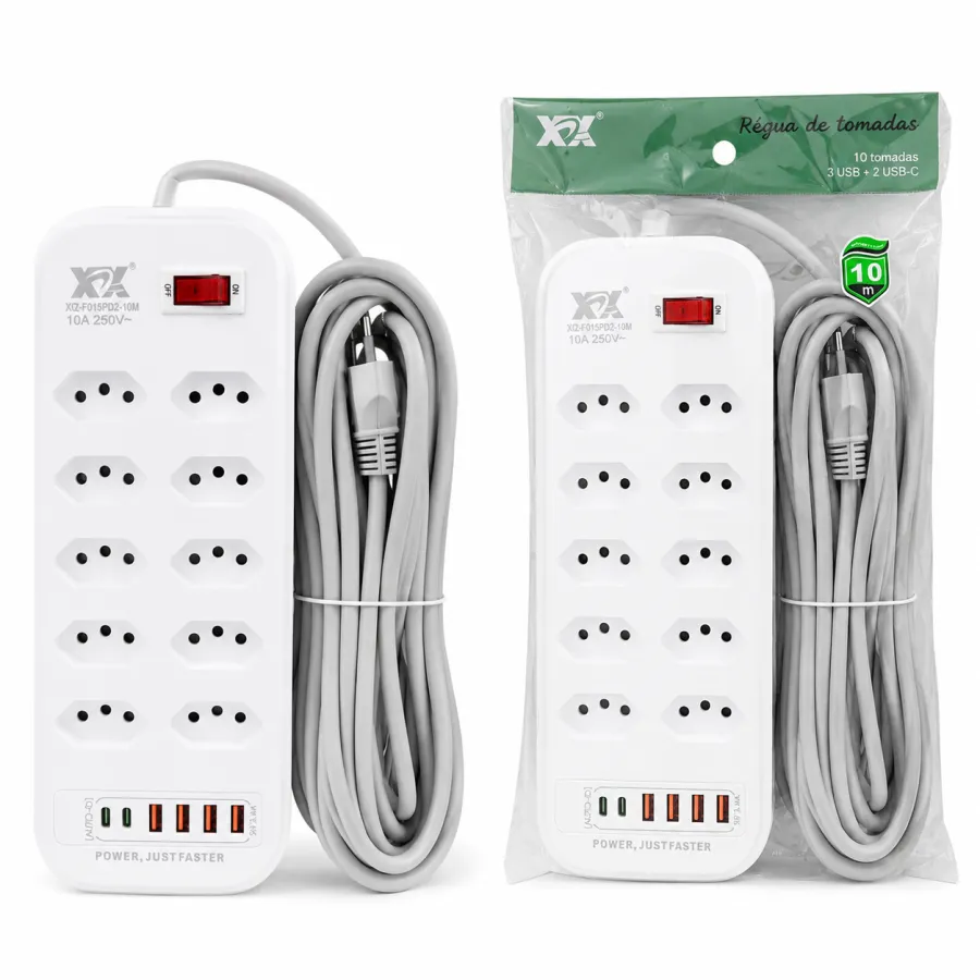 XCX 10位插座排插，带4个USB接口，10A 250V，适合家庭和办公使用