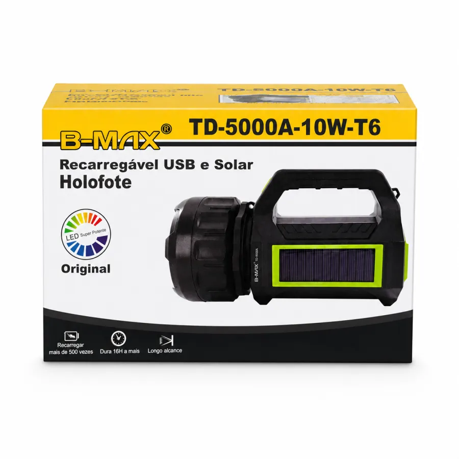 B-MAX TD-5000A-10W-T6 太阳能USB充电手电筒，LED灯，长效照明