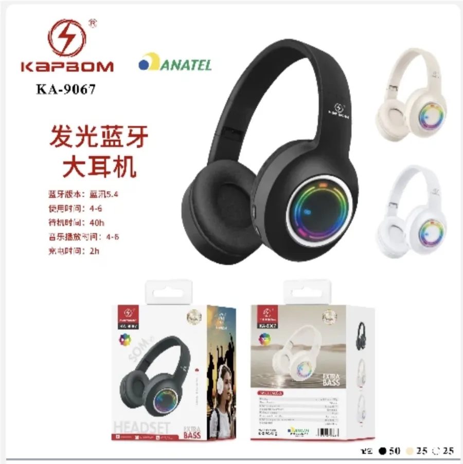 KAPBOM KA-9067 发光蓝牙大耳机，黑色/白色，40小时续航，适合4-6岁儿童