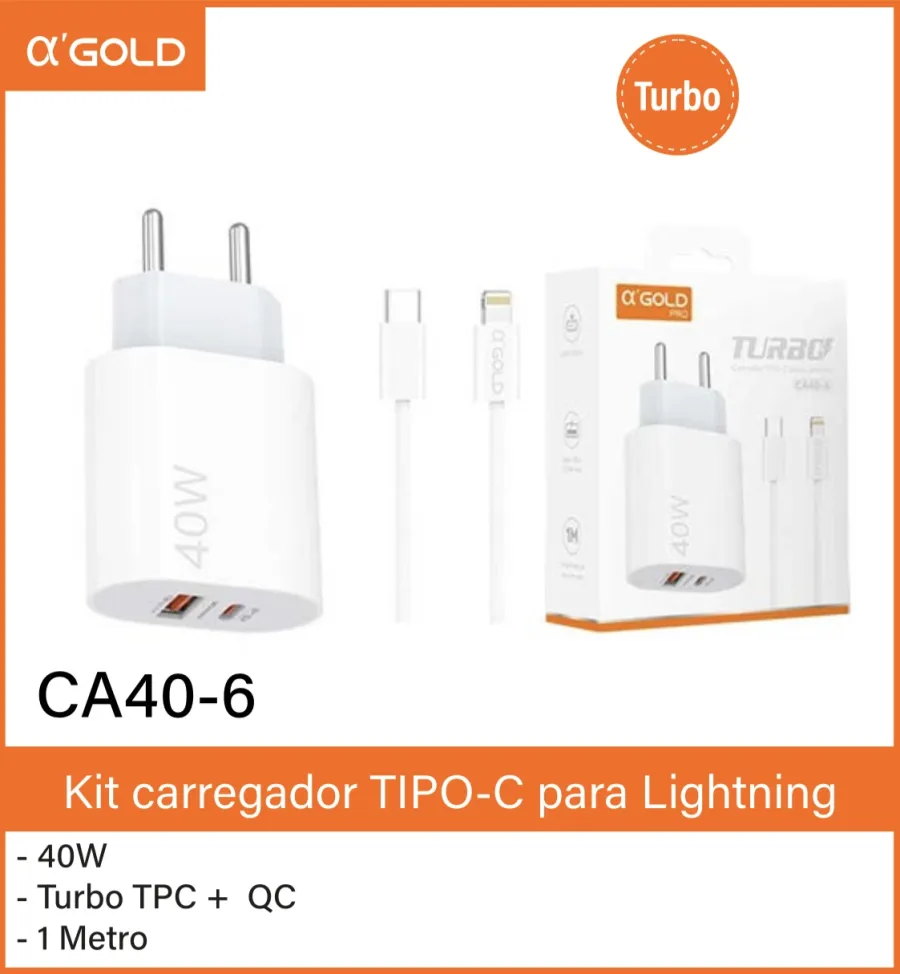 CA40-6 αGOLD 40W TIPO-C充电器，适用于Lightning，含1米数据线