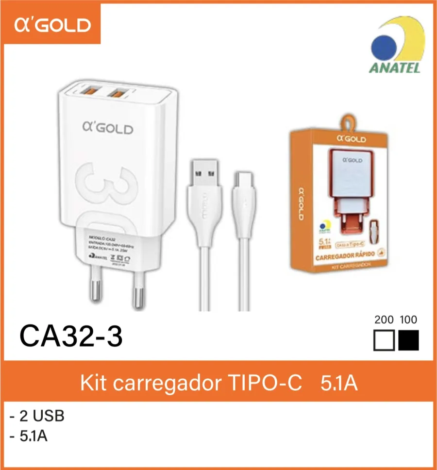 CA32-3 α-GOLD 5.1A 快速充电器套装，TYPE-C接口，双USB，适用于多种设备