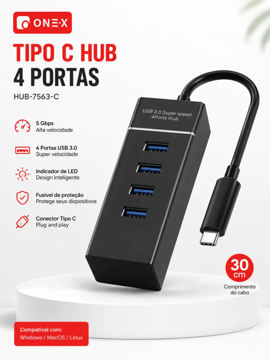 HUB-7563-C ONEX USB-C集线器 4个端口 5Gbps高速传输 LED指示灯 30cm