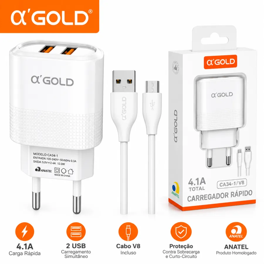 Ca34-1 α'GOLD快充充电器，2个USB接口，4.1A，适用于多种设备